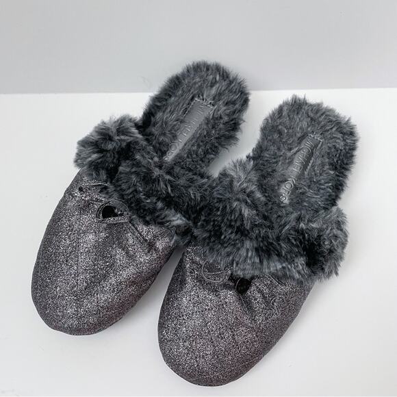 Michael Kors Slippers Fur Glitter Gunmetal Silver Size 6/7 - Picture 2 of 6